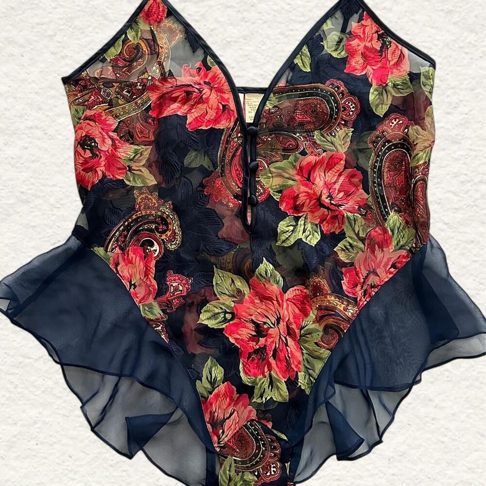 Victoria’s Secret Gold Label Floral Satin Sheer Ruffled Teddy Small Vintage